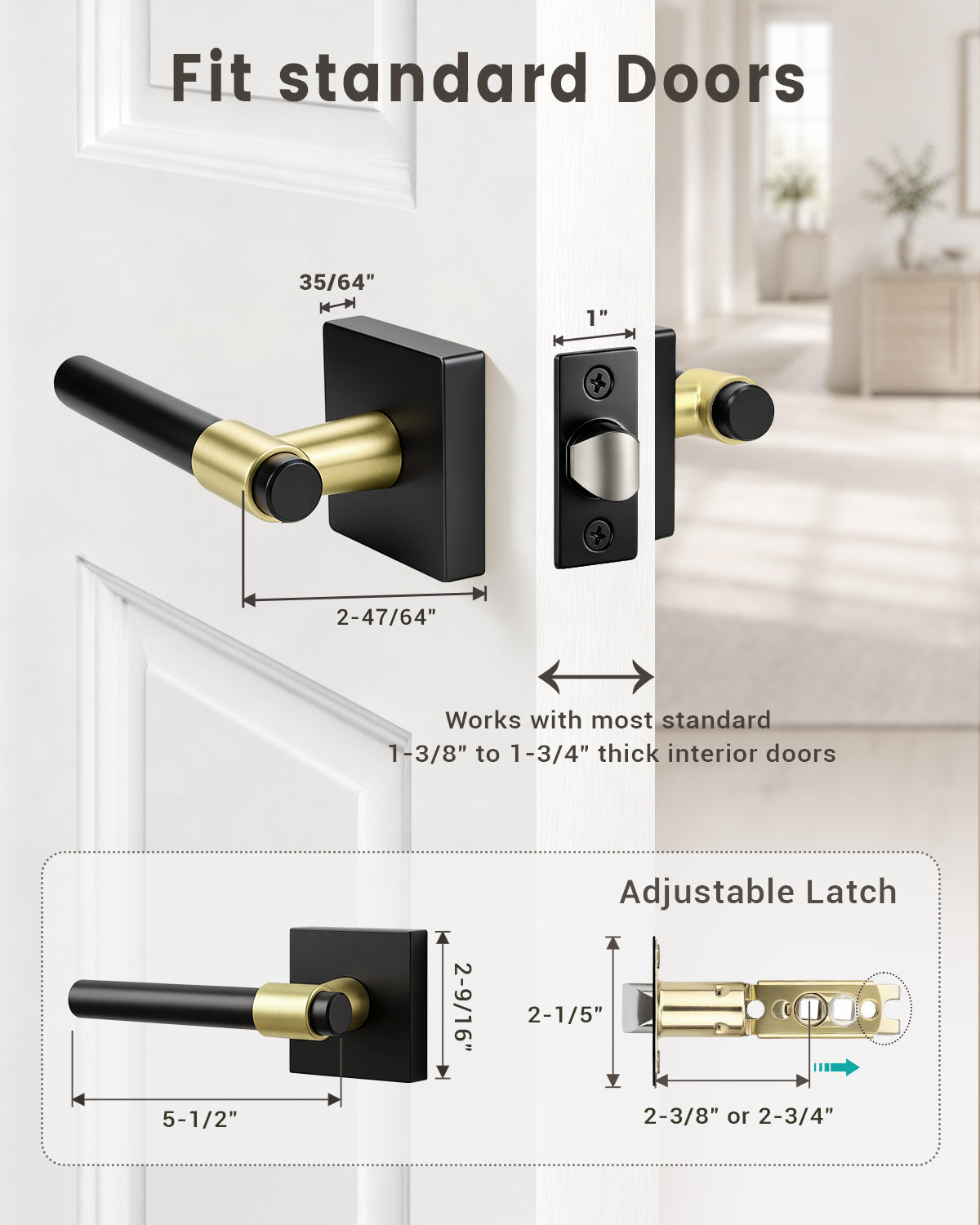 KNOBWELL Black Interior Door Handle 1 Pack, Heavy Duty Bedroom Door Knobs, Matte Black Door Knob with Lock, Keyless Push Button Privacy Lock for Bathroom, Sleek Ring Design