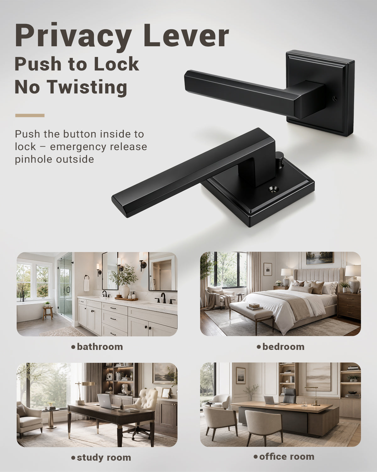 KNOBWELL Door Knob with Lock, 1 Pack Matte Black Door Handle Keyless– Framed Square Rosette, Enhanced Grip Lever, Adjustable Latch, 250K Cycles, Interior Privacy Handles for Bedroom/Bath/Home Office