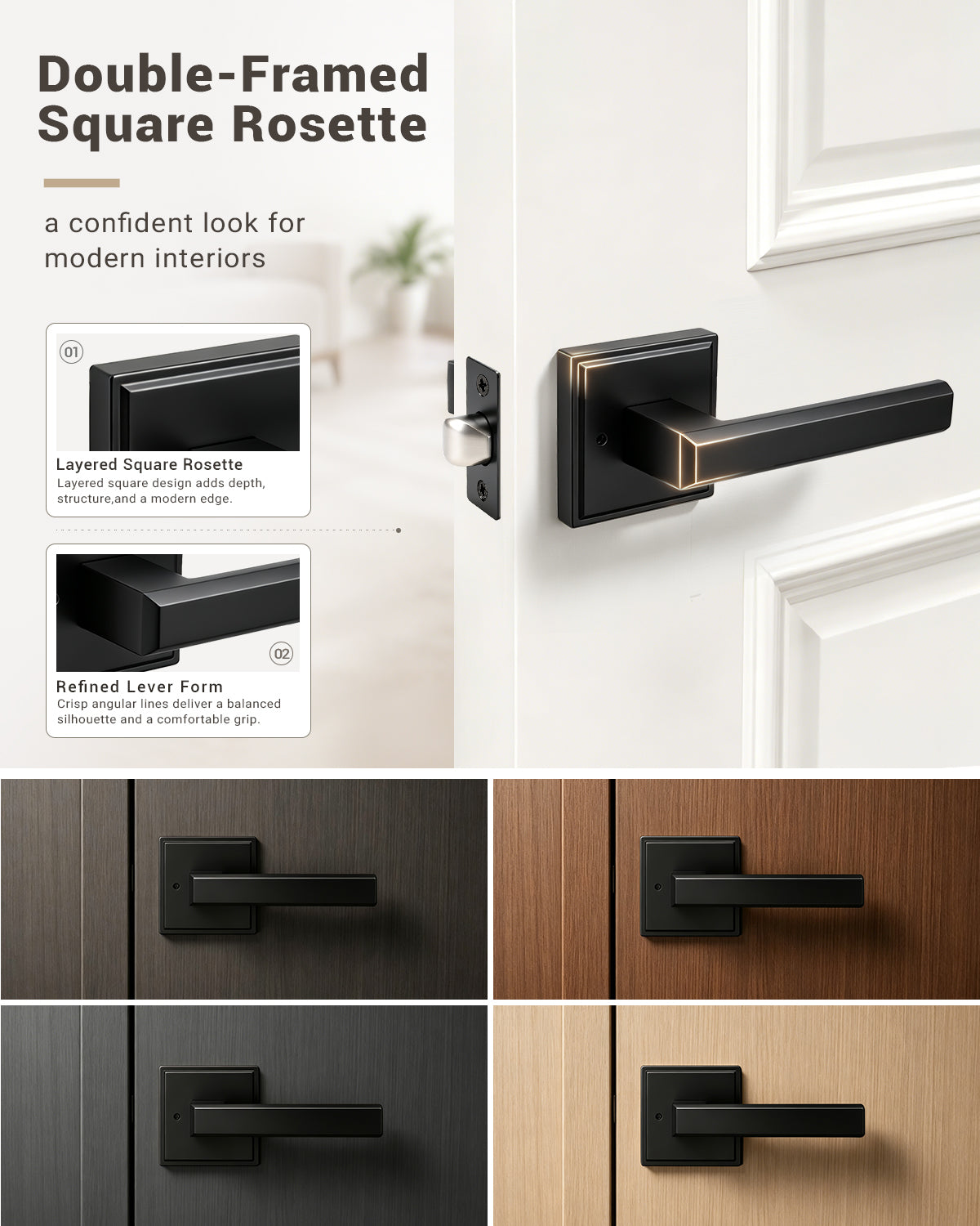 KNOBWELL Door Knob with Lock, 1 Pack Matte Black Door Handle Keyless– Framed Square Rosette, Enhanced Grip Lever, Adjustable Latch, 250K Cycles, Interior Privacy Handles for Bedroom/Bath/Home Office