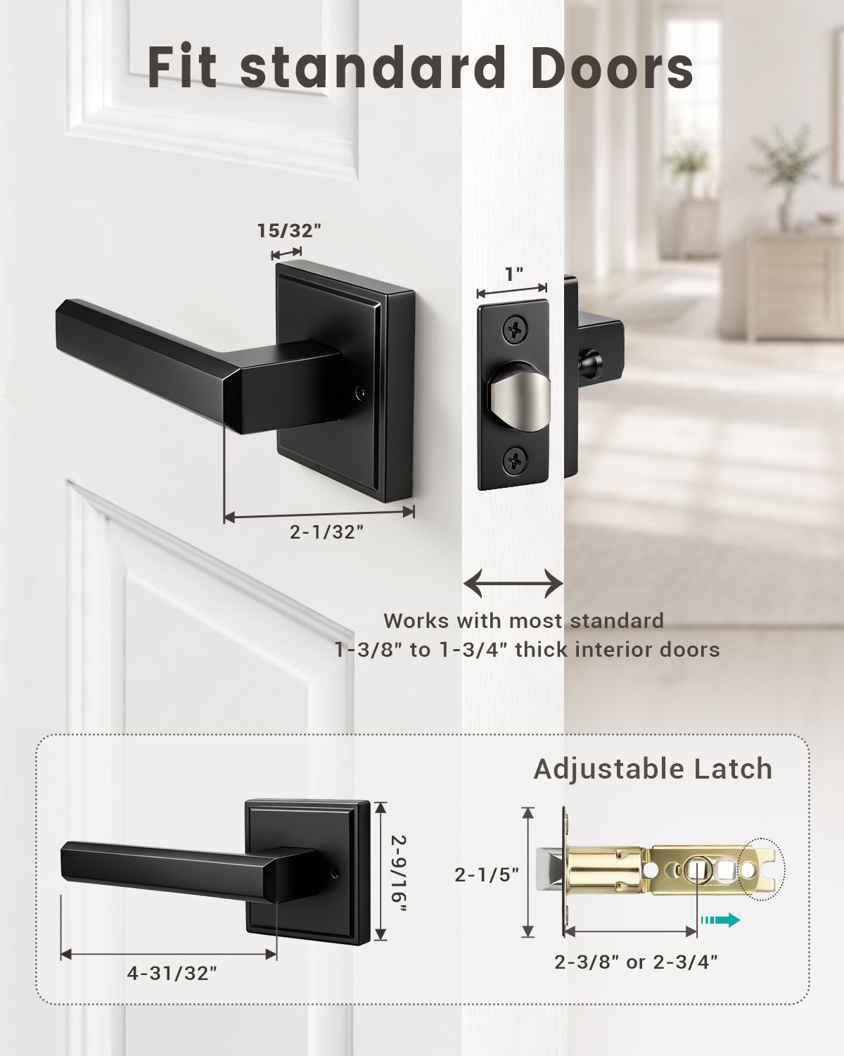 KNOBWELL Door Knob with Lock, 1 Pack Matte Black Door Handle Keyless– Framed Square Rosette, Enhanced Grip Lever, Adjustable Latch, 250K Cycles, Interior Privacy Handles for Bedroom/Bath/Home Office