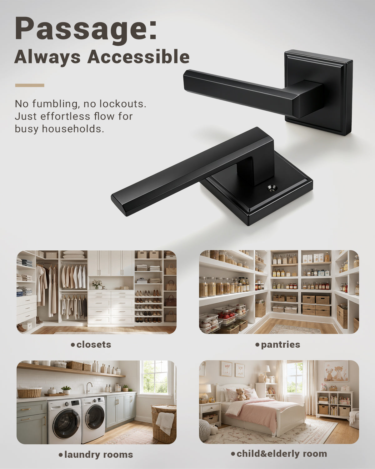 KNOBWELL Door Knob with Lock, 1 Pack Matte Black Door Handle Keyless– Framed Square Rosette, Enhanced Grip Lever, Adjustable Latch, 250K Cycles, Interior Privacy Handles for Bedroom/Bath/Home Office