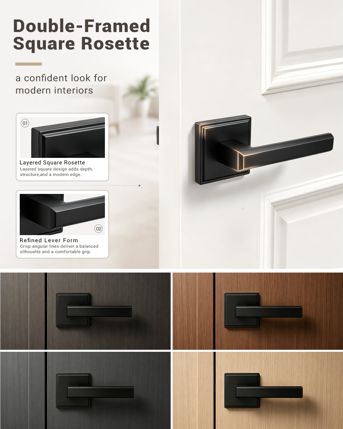 KNOBWELL Door Knob with Lock, 1 Pack Matte Black Door Handle Keyless– Framed Square Rosette, Enhanced Grip Lever, Adjustable Latch, 250K Cycles, Interior Privacy Handles for Bedroom/Bath/Home Office
