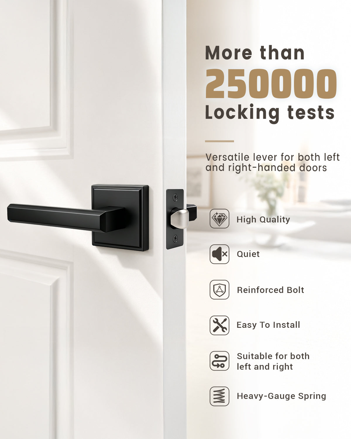 KNOBWELL Door Knob with Lock, 1 Pack Matte Black Door Handle Keyless– Framed Square Rosette, Enhanced Grip Lever, Adjustable Latch, 250K Cycles, Interior Privacy Handles for Bedroom/Bath/Home Office