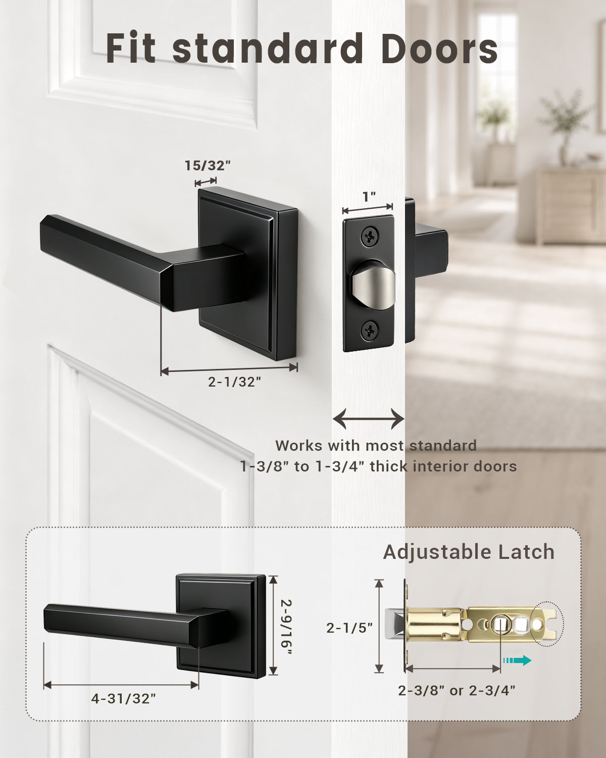 KNOBWELL Door Knob with Lock, 1 Pack Matte Black Door Handle Keyless– Framed Square Rosette, Enhanced Grip Lever, Adjustable Latch, 250K Cycles, Interior Privacy Handles for Bedroom/Bath/Home Office