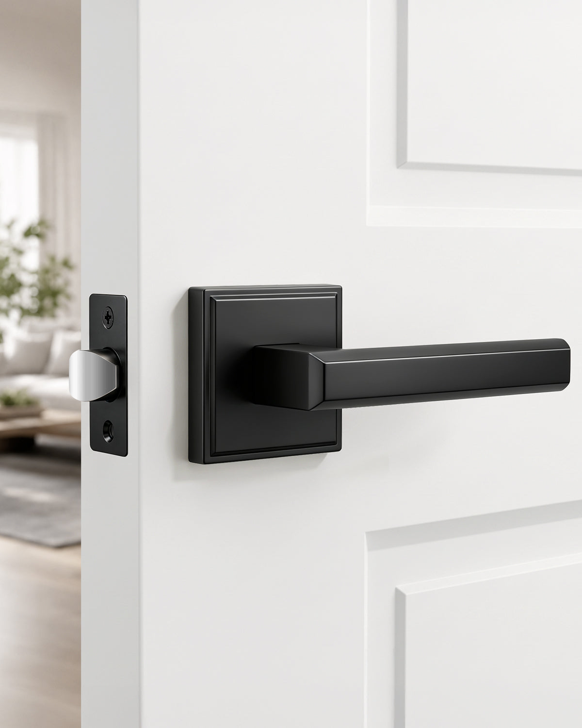 KNOBWELL Door Knob with Lock, 1 Pack Matte Black Door Handle Keyless– Framed Square Rosette, Enhanced Grip Lever, Adjustable Latch, 250K Cycles, Interior Privacy Handles for Bedroom/Bath/Home Office