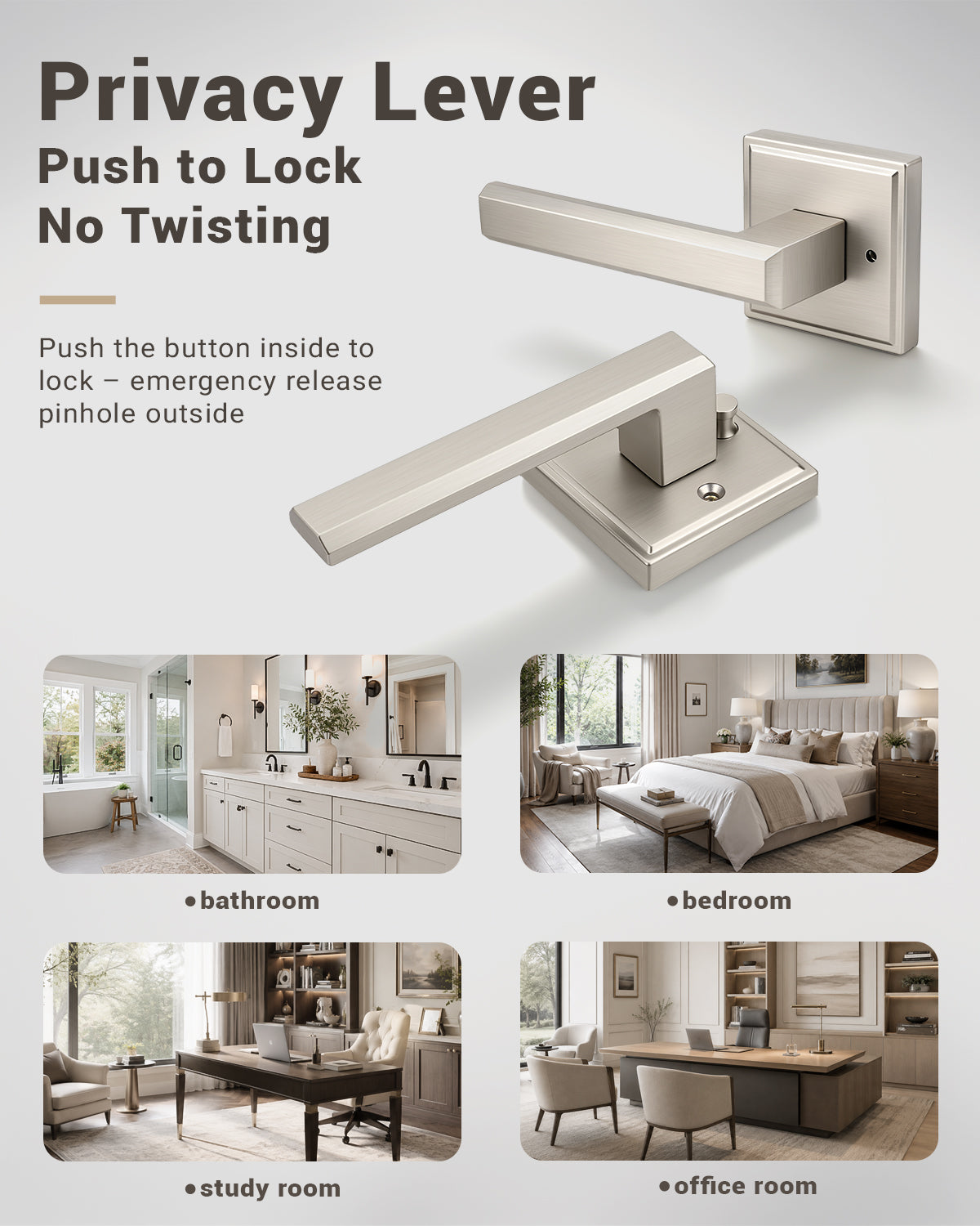 KNOBWELL Door Knob with Lock, 1 Pack Matte Black Door Handle Keyless– Framed Square Rosette, Enhanced Grip Lever, Adjustable Latch, 250K Cycles, Interior Privacy Handles for Bedroom/Bath/Home Office