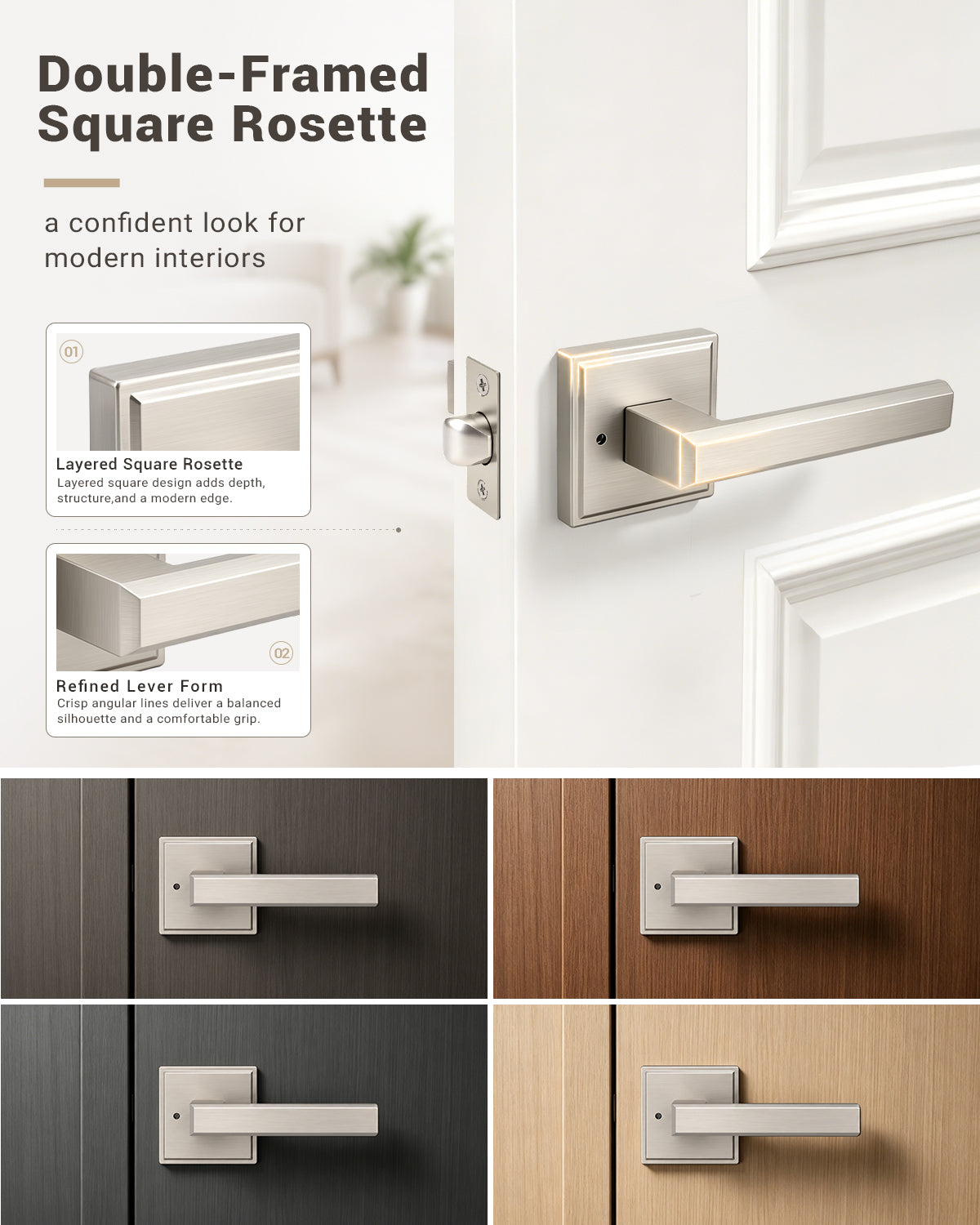 KNOBWELL Door Knob with Lock, 1 Pack Matte Black Door Handle Keyless– Framed Square Rosette, Enhanced Grip Lever, Adjustable Latch, 250K Cycles, Interior Privacy Handles for Bedroom/Bath/Home Office