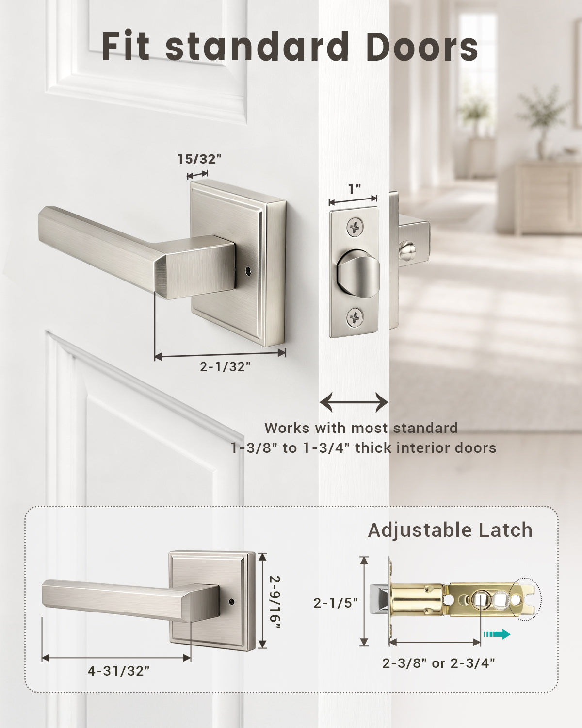 KNOBWELL Door Knob with Lock, 1 Pack Matte Black Door Handle Keyless– Framed Square Rosette, Enhanced Grip Lever, Adjustable Latch, 250K Cycles, Interior Privacy Handles for Bedroom/Bath/Home Office
