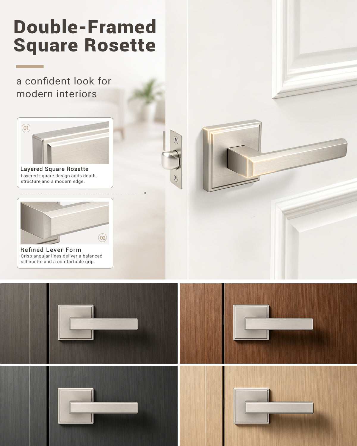 KNOBWELL Door Knob with Lock, 1 Pack Matte Black Door Handle Keyless– Framed Square Rosette, Enhanced Grip Lever, Adjustable Latch, 250K Cycles, Interior Privacy Handles for Bedroom/Bath/Home Office