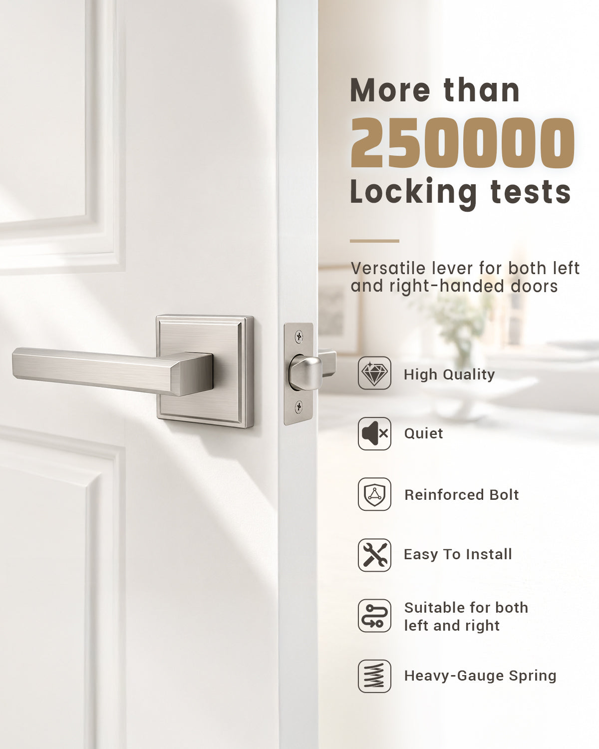 KNOBWELL Door Knob with Lock, 1 Pack Matte Black Door Handle Keyless– Framed Square Rosette, Enhanced Grip Lever, Adjustable Latch, 250K Cycles, Interior Privacy Handles for Bedroom/Bath/Home Office