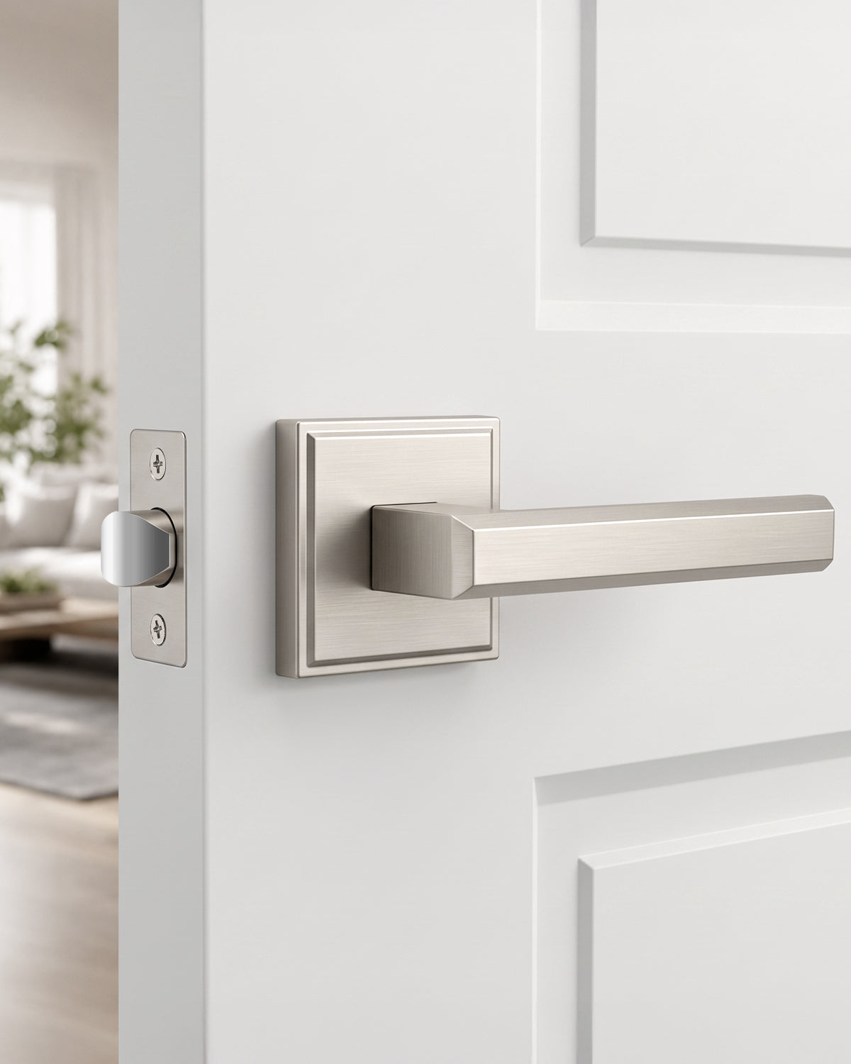 KNOBWELL Door Knob with Lock, 1 Pack Matte Black Door Handle Keyless– Framed Square Rosette, Enhanced Grip Lever, Adjustable Latch, 250K Cycles, Interior Privacy Handles for Bedroom/Bath/Home Office