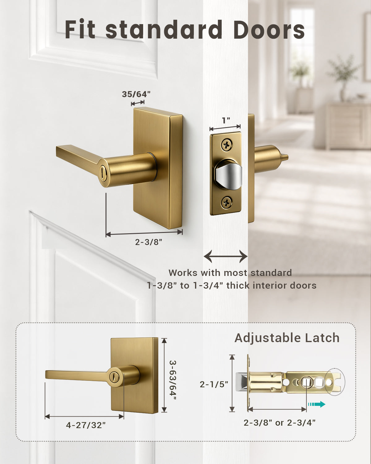 KNOBWELL Black Door Knobs, Matte Black Interior Door Handles with Privacy Locking Function, Bathroom Bedroom Door Knob Lock Keyless, 1 Pack, Long Plate Design