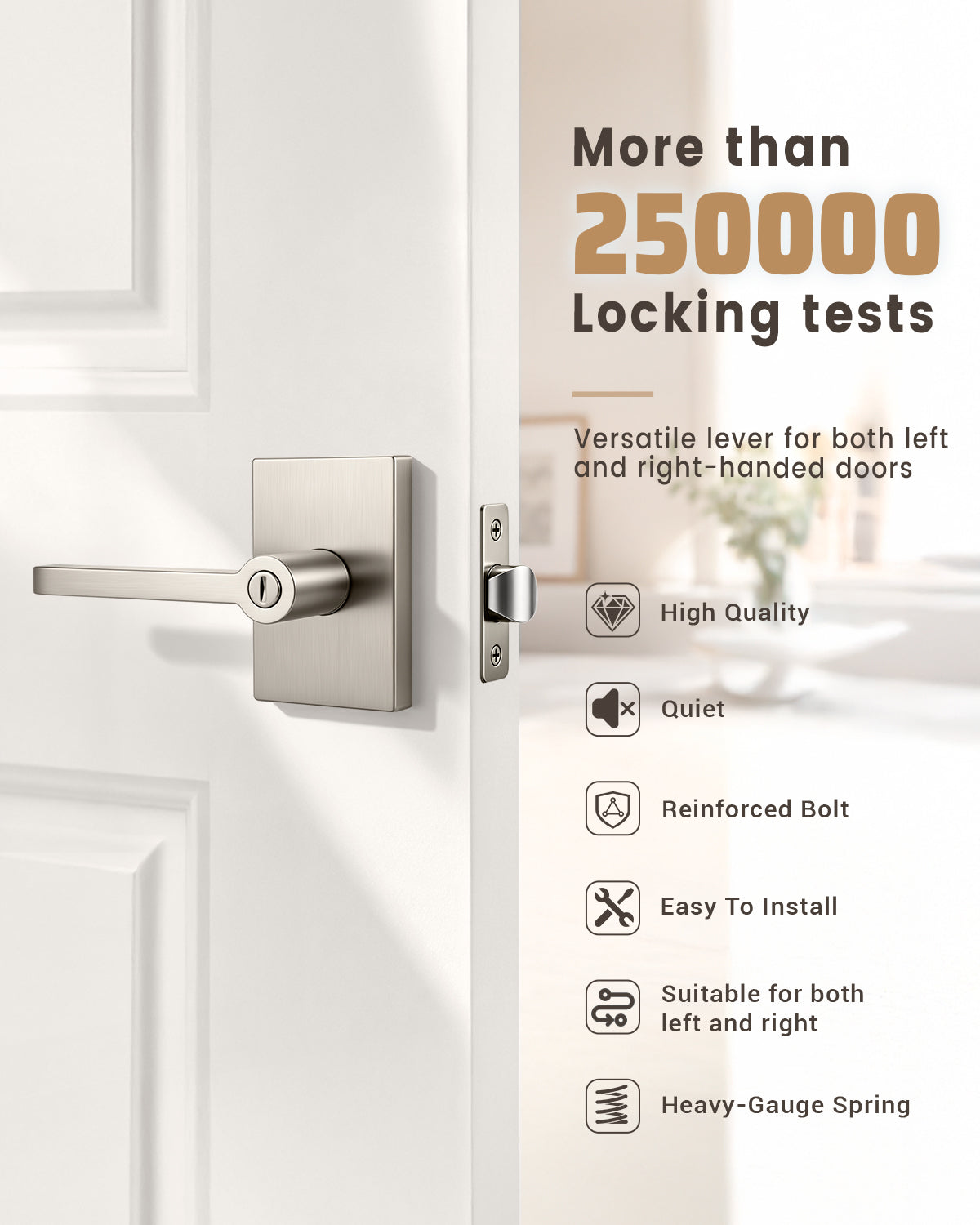 KNOBWELL Black Door Knobs, Matte Black Interior Door Handles with Privacy Locking Function, Bathroom Bedroom Door Knob Lock Keyless, 1 Pack, Long Plate Design