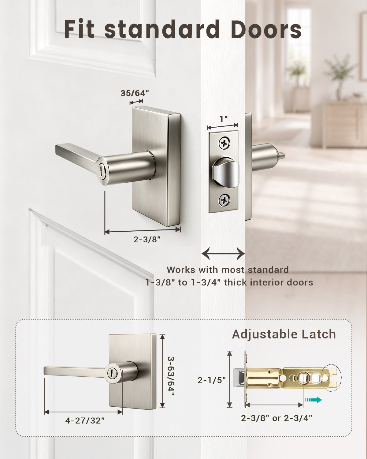 KNOBWELL Black Door Knobs, Matte Black Interior Door Handles with Privacy Locking Function, Bathroom Bedroom Door Knob Lock Keyless, 1 Pack, Long Plate Design