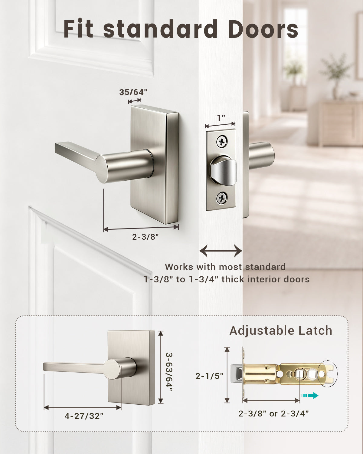 KNOBWELL Black Door Knobs, Matte Black Interior Door Handles with Privacy Locking Function, Bathroom Bedroom Door Knob Lock Keyless, 1 Pack, Long Plate Design