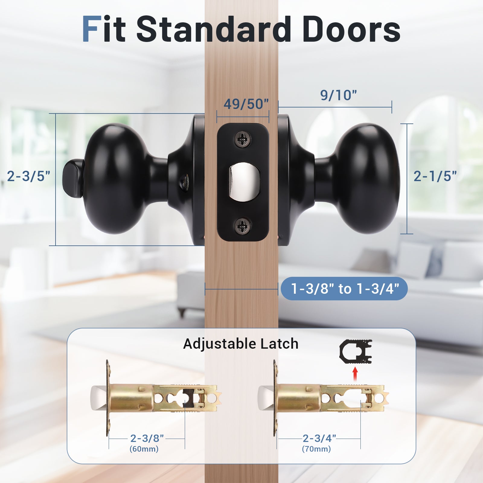 Size dimensions of KNOBWELL Modern Black Door Knobs With Lock for Interior Doors