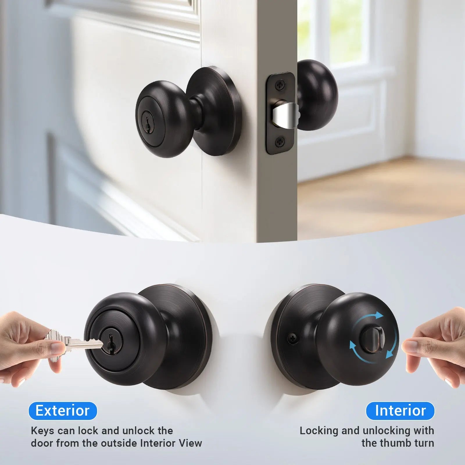 Front and back view of KNOBWELL Keyed Alike Bronze Door Knobs-Multiple Locks with Same Key