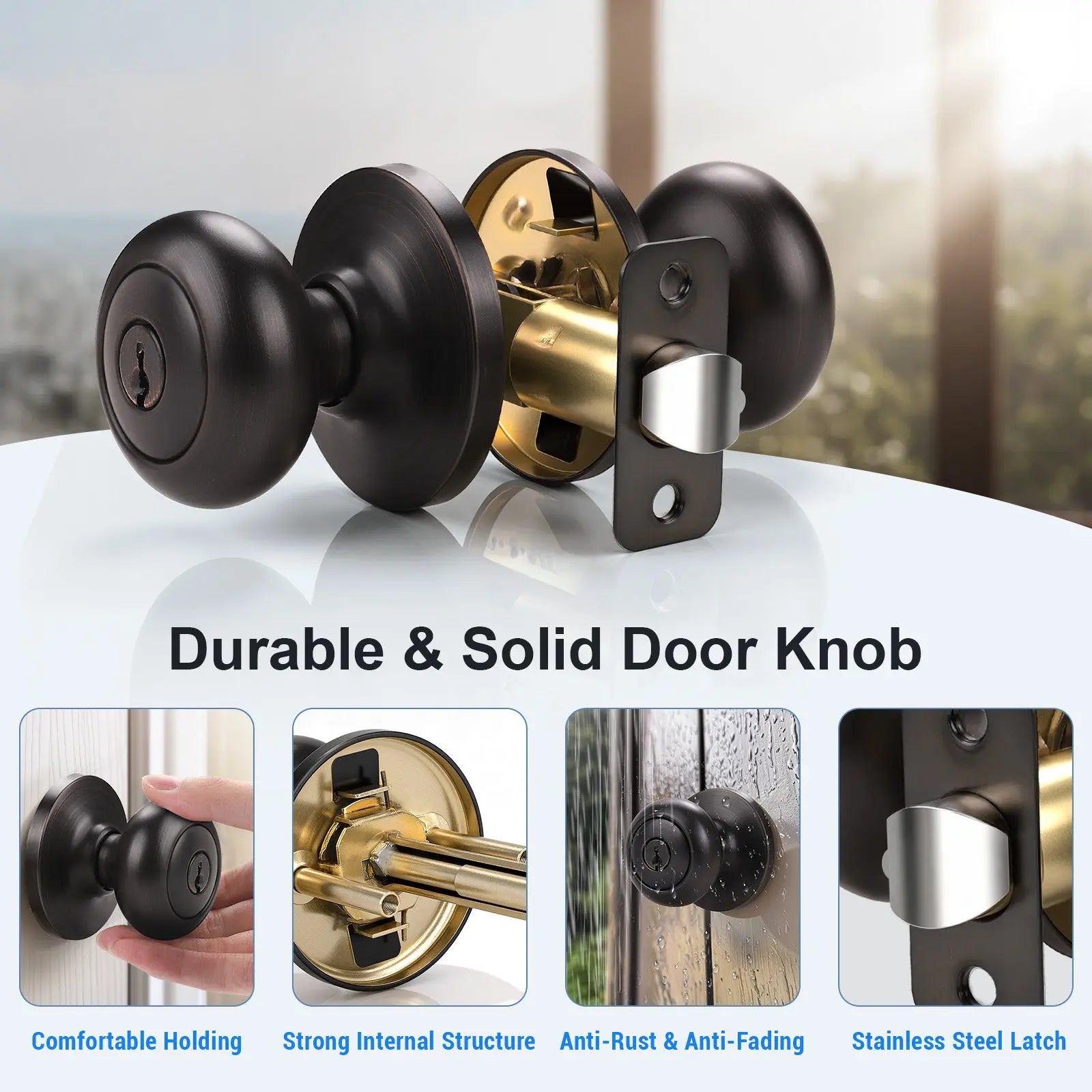 Close-up of KNOBWELL Keyed Alike Bronze Door Knobs-Multiple Locks with Same Key