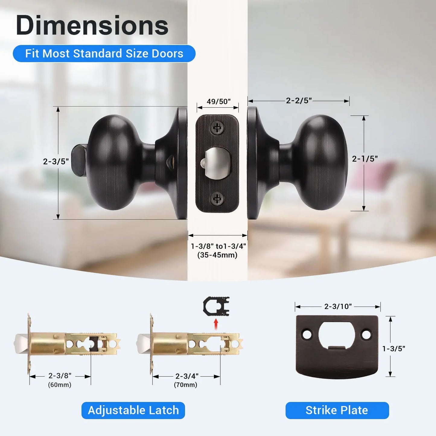 Size dimensions of KNOBWELL Keyed Alike Bronze Door Knobs-Multiple Locks with Same Key