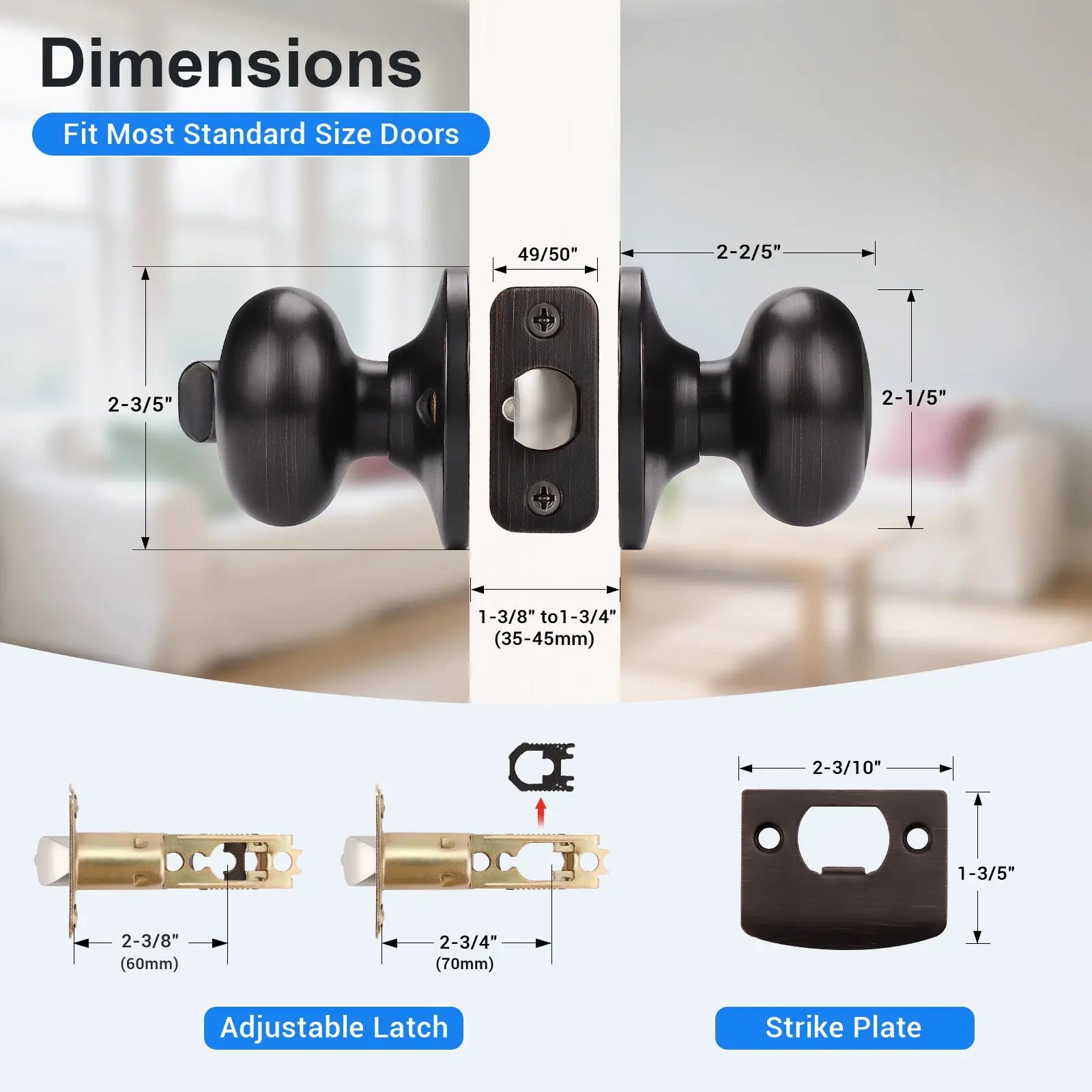 Size dimensions of KNOBWELL Keyed Alike Bronze Door Knobs-Multiple Locks with Same Key