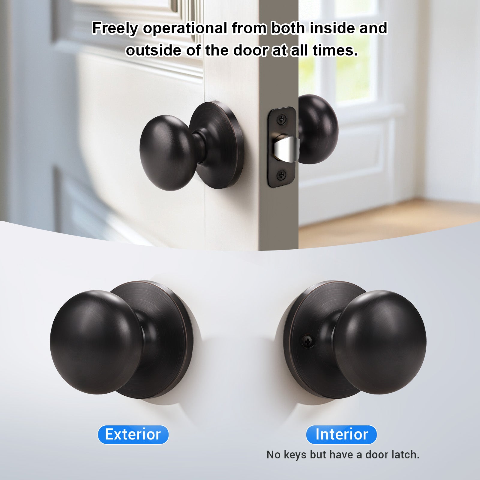 Front and back view of KNOBWELL Modern Passage Bronze Indoor Door Knobs Without Lock for Interior Doors