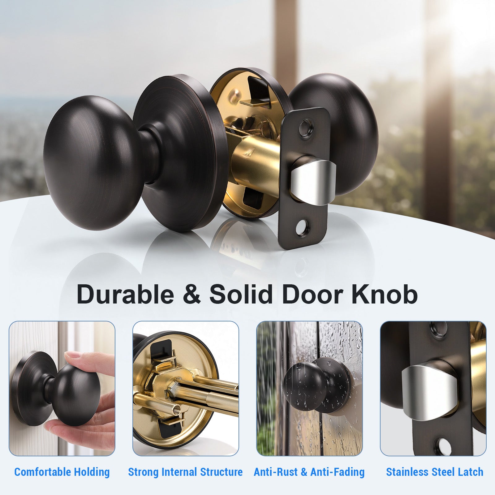 Close-up of KNOBWELL Modern Passage Bronze Indoor Door Knobs Without Lock for Interior Doors