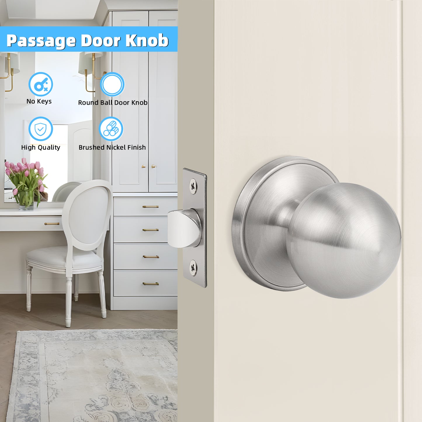 Round Ball Passage Door Knobs (No Lock) - DL607PS