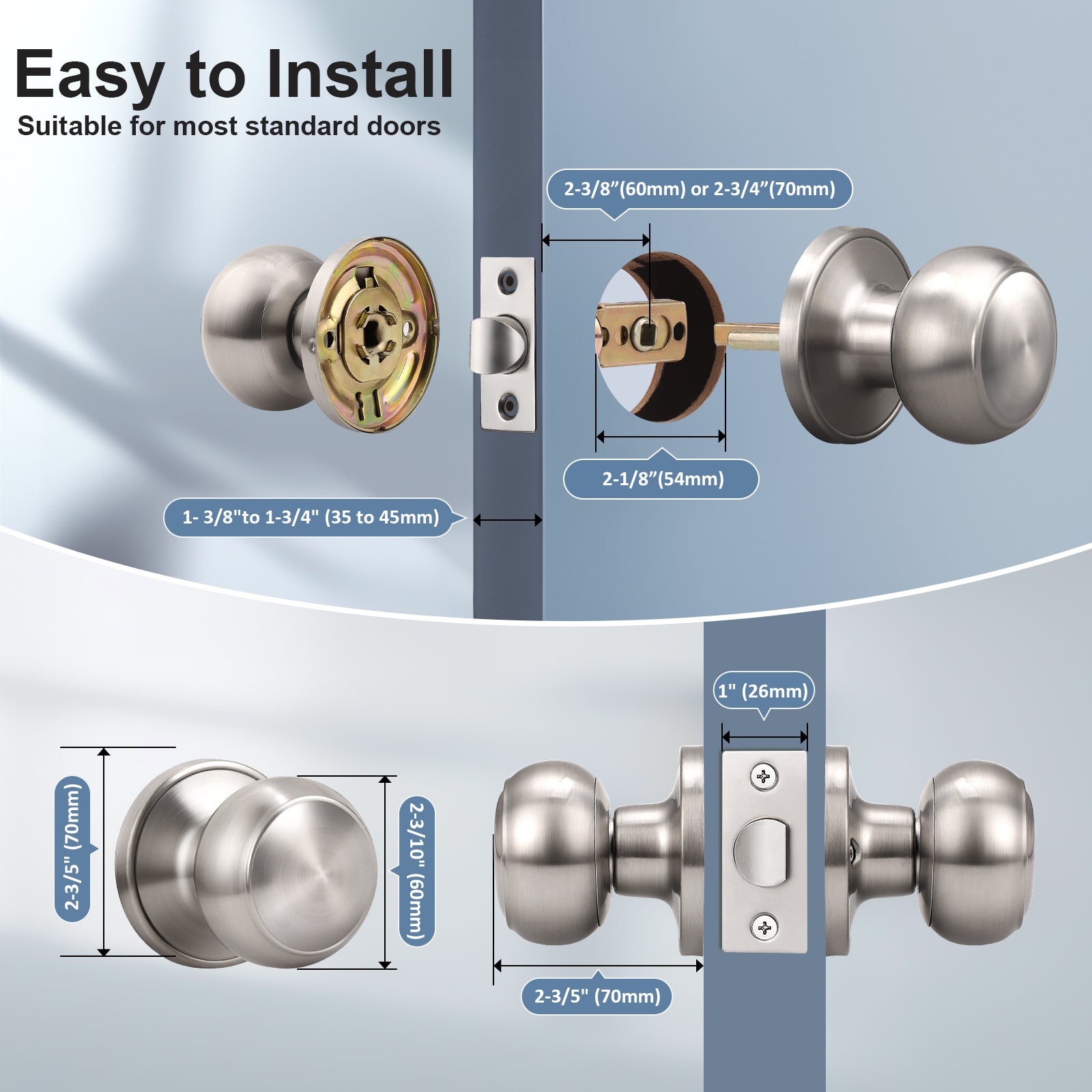 Size dimensions of KNOBWELL Affordable Privacy Stainless Steel Door Knobs
