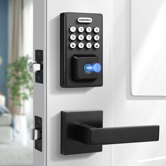 KNOBWELL Fingerprint Door Lock with Lever Handle, Keyless Entry Door Lock, Black Keypad Door Lock with Handle