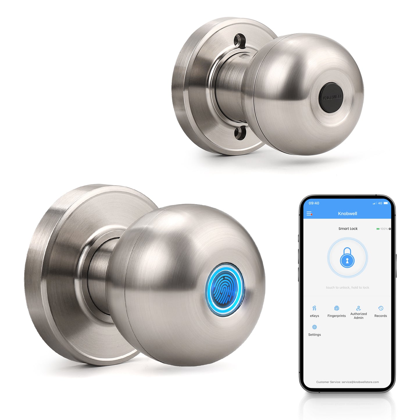 KNOBWELL Fingerprint Door Knob, Smart Door Knob with APP Control, Satin Nickel Keyless Entry Door Lock