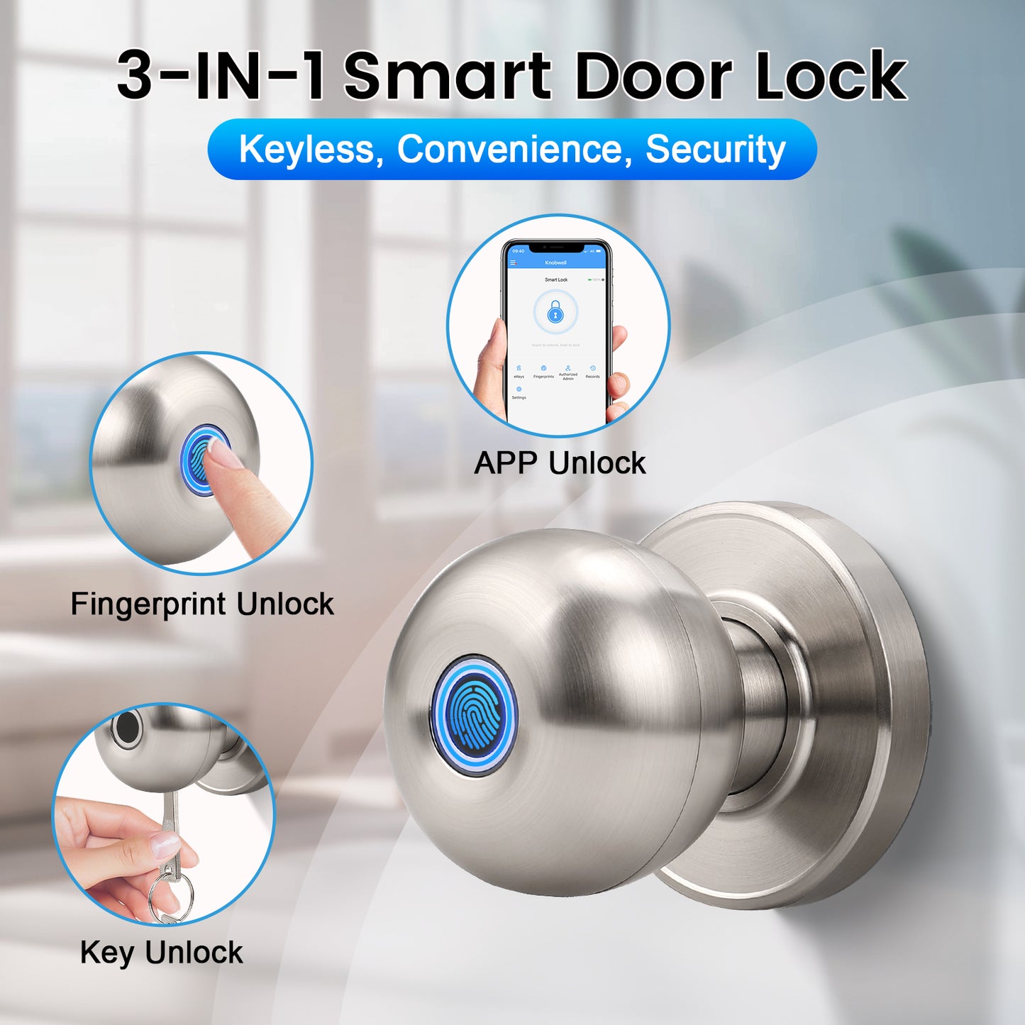 KNOBWELL Fingerprint Door Knob, Smart Door Knob with APP Control, Satin Nickel Keyless Entry Door Lock