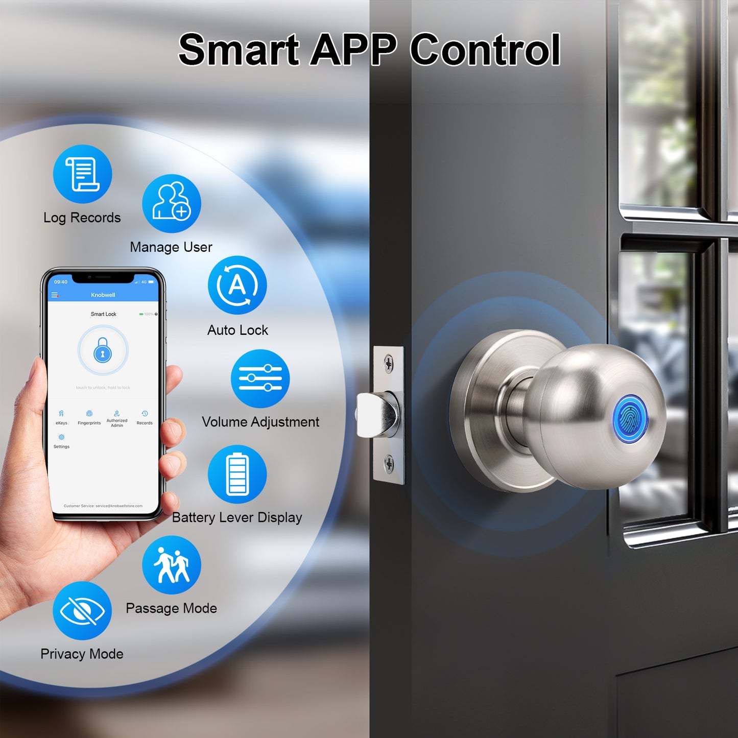 KNOBWELL Fingerprint Door Knob, Smart Door Knob with APP Control, Satin Nickel Keyless Entry Door Lock