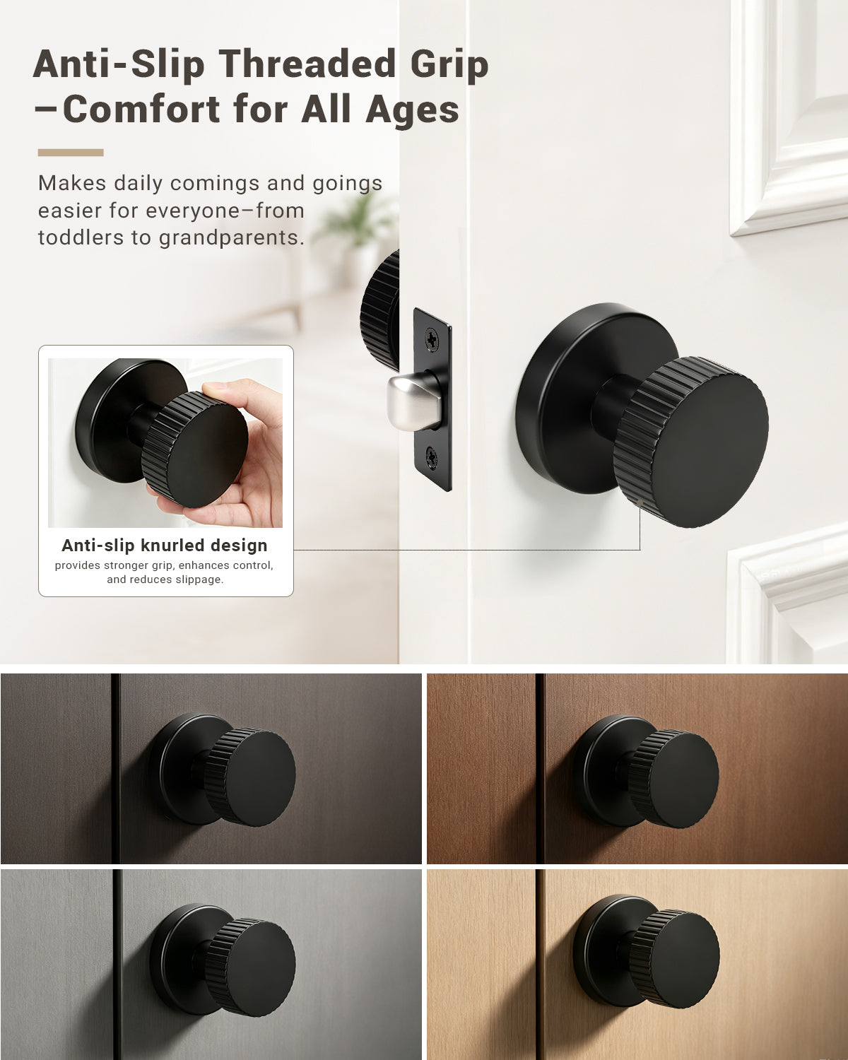 KNOBWELL 1 Pack Satin Brass Door Knobs Interior, Passage Brass Door Handle for Closet Hallway Keyless, Reversible Modern Design Levers Closet Knobs, Anti-Slip Threaded Grip, 250000 Cycles