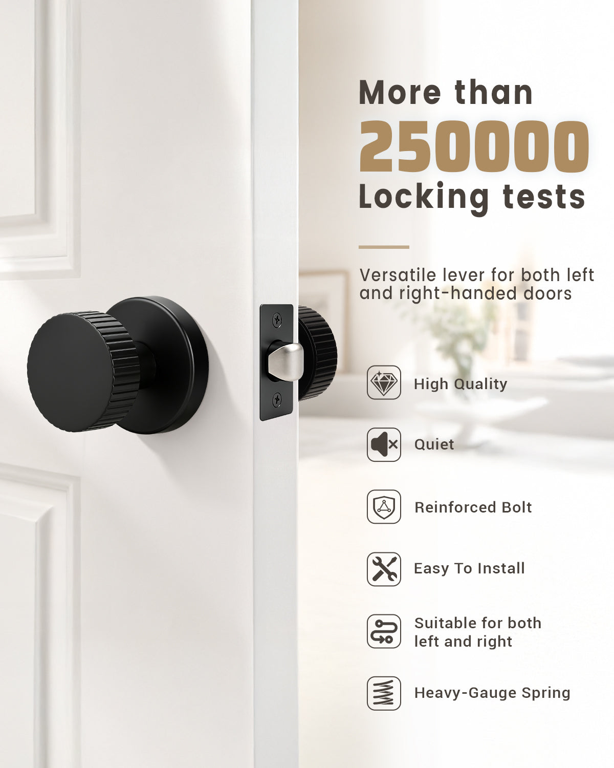 KNOBWELL 1 Pack Satin Brass Door Knobs Interior, Passage Brass Door Handle for Closet Hallway Keyless, Reversible Modern Design Levers Closet Knobs, Anti-Slip Threaded Grip, 250000 Cycles