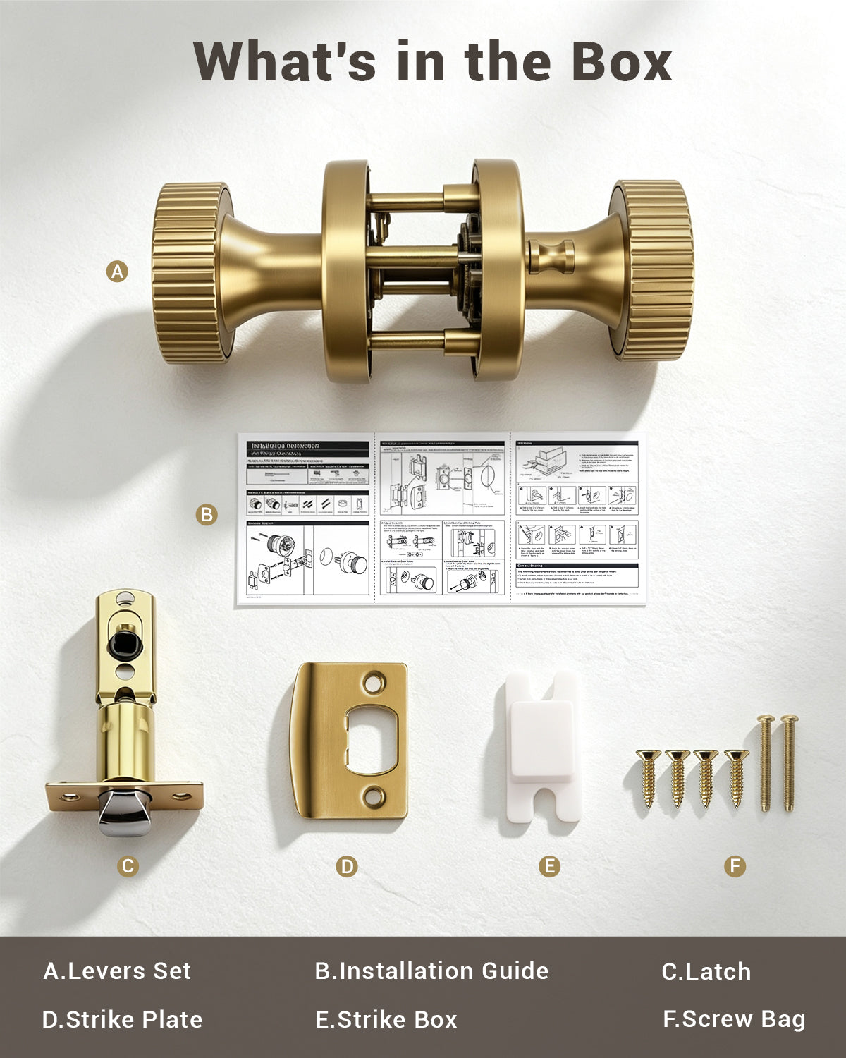 KNOBWELL 1 Pack Satin Brass Door Knobs Interior, Passage Brass Door Handle for Closet Hallway Keyless, Reversible Modern Design Levers Closet Knobs, Anti-Slip Threaded Grip, 250000 Cycles