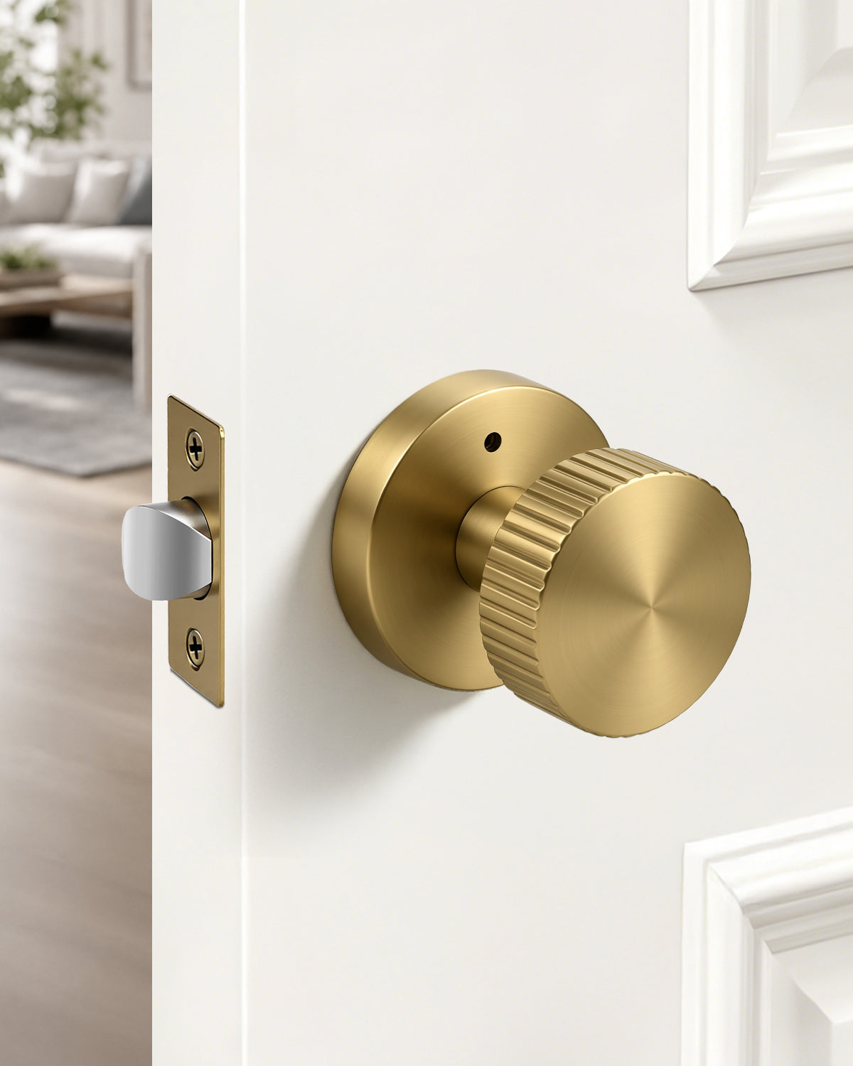 KNOBWELL 1 Pack Satin Brass Door Knobs Interior, Passage Brass Door Handle for Closet Hallway Keyless, Reversible Modern Design Levers Closet Knobs, Anti-Slip Threaded Grip, 250000 Cycles