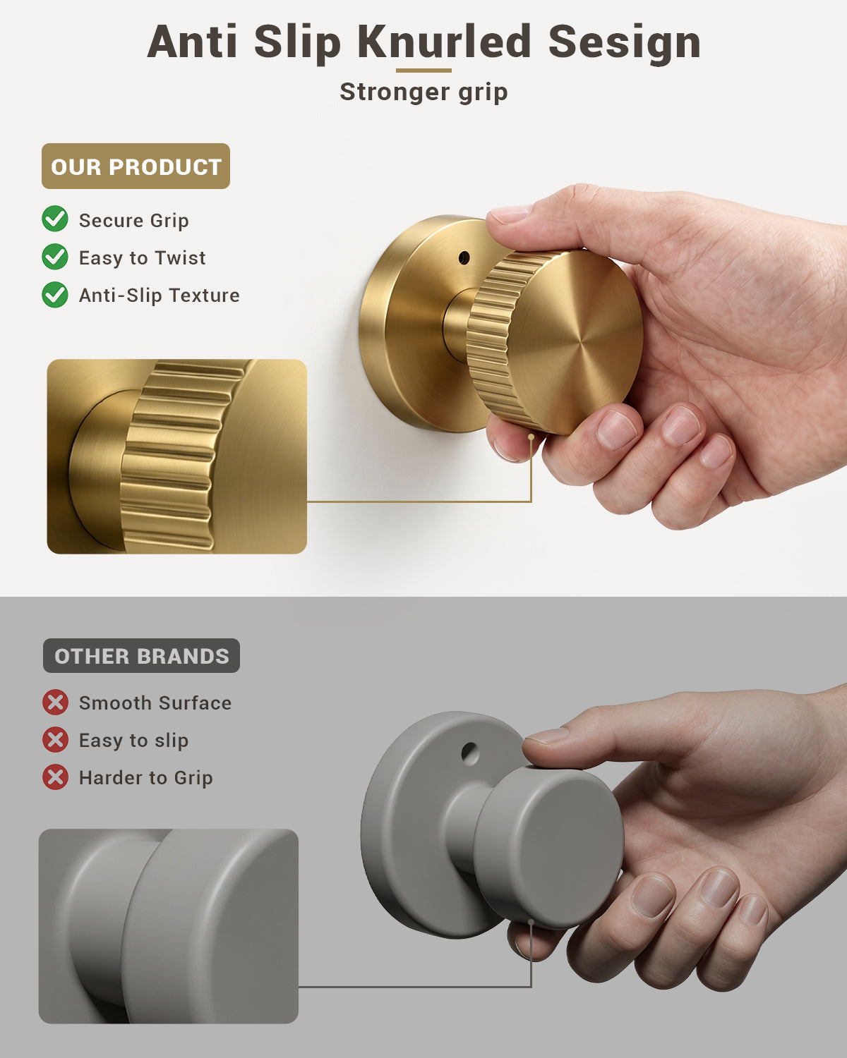KNOBWELL 1 Pack Satin Brass Door Knobs Interior, Passage Brass Door Handle for Closet Hallway Keyless, Reversible Modern Design Levers Closet Knobs, Anti-Slip Threaded Grip, 250000 Cycles