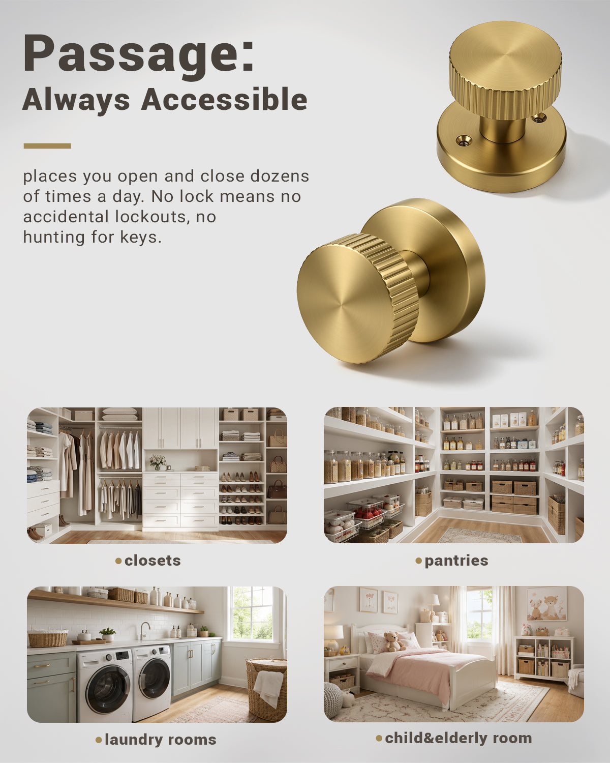 KNOBWELL 1 Pack Satin Brass Door Knobs Interior, Passage Brass Door Handle for Closet Hallway Keyless, Reversible Modern Design Levers Closet Knobs, Anti-Slip Threaded Grip, 250000 Cycles
