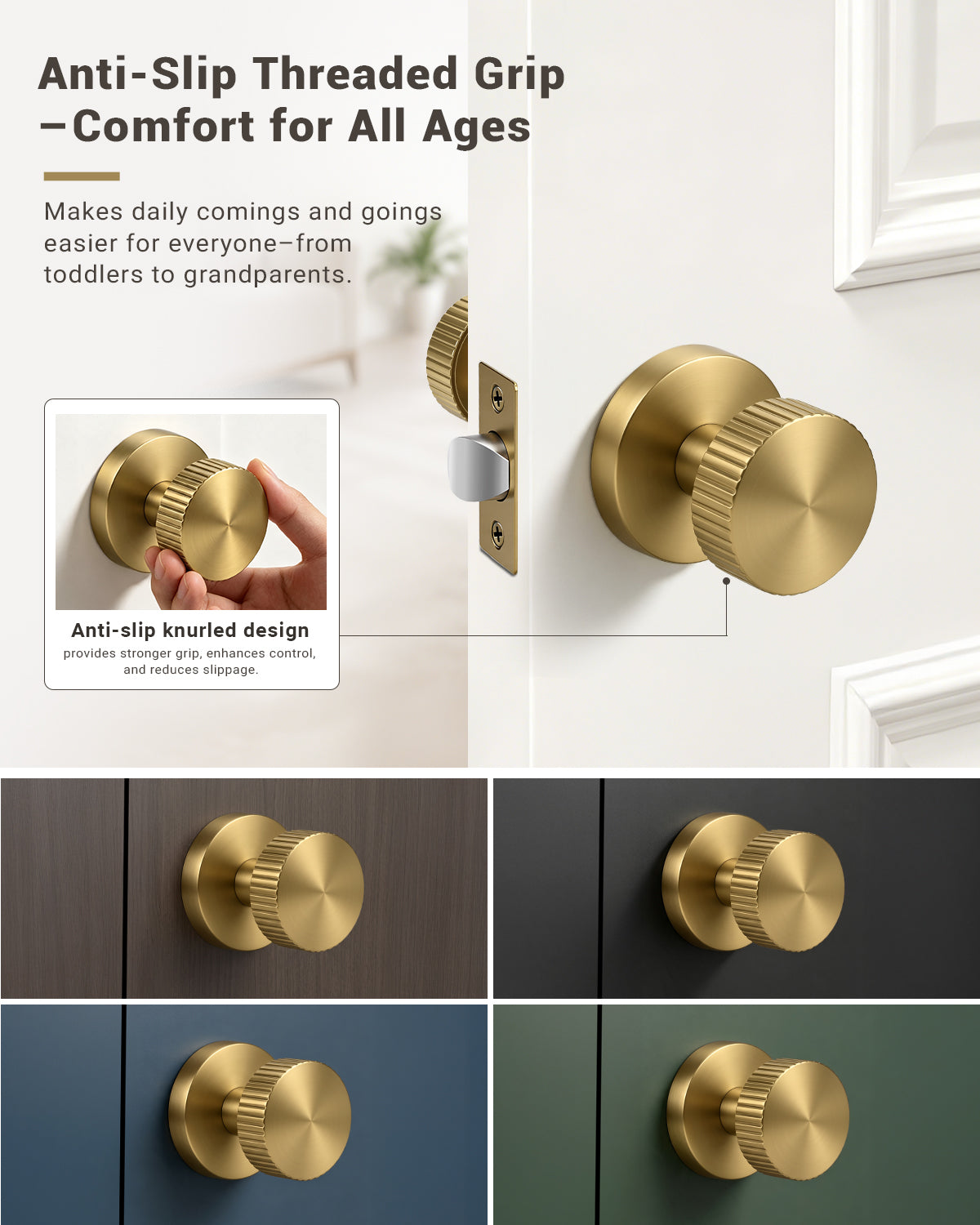 KNOBWELL 1 Pack Satin Brass Door Knobs Interior, Passage Brass Door Handle for Closet Hallway Keyless, Reversible Modern Design Levers Closet Knobs, Anti-Slip Threaded Grip, 250000 Cycles