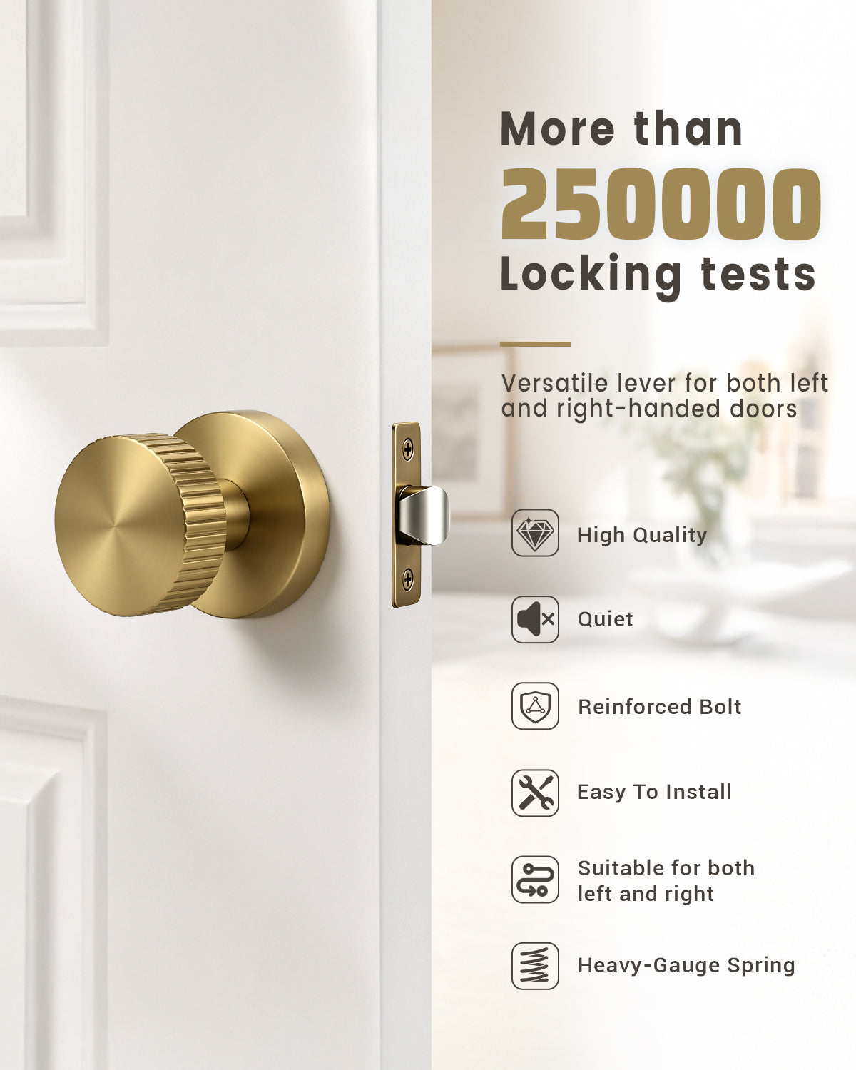 KNOBWELL 1 Pack Satin Brass Door Knobs Interior, Passage Brass Door Handle for Closet Hallway Keyless, Reversible Modern Design Levers Closet Knobs, Anti-Slip Threaded Grip, 250000 Cycles