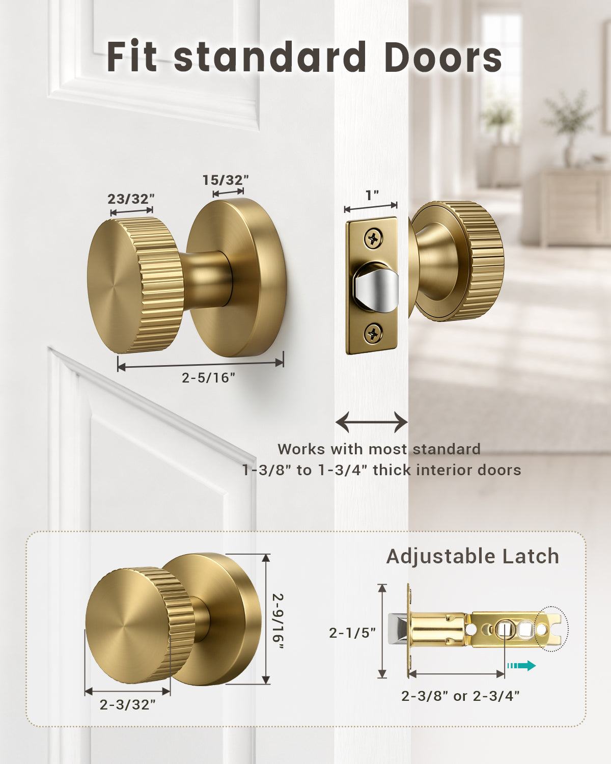 KNOBWELL 1 Pack Satin Brass Door Knobs Interior, Passage Brass Door Handle for Closet Hallway Keyless, Reversible Modern Design Levers Closet Knobs, Anti-Slip Threaded Grip, 250000 Cycles