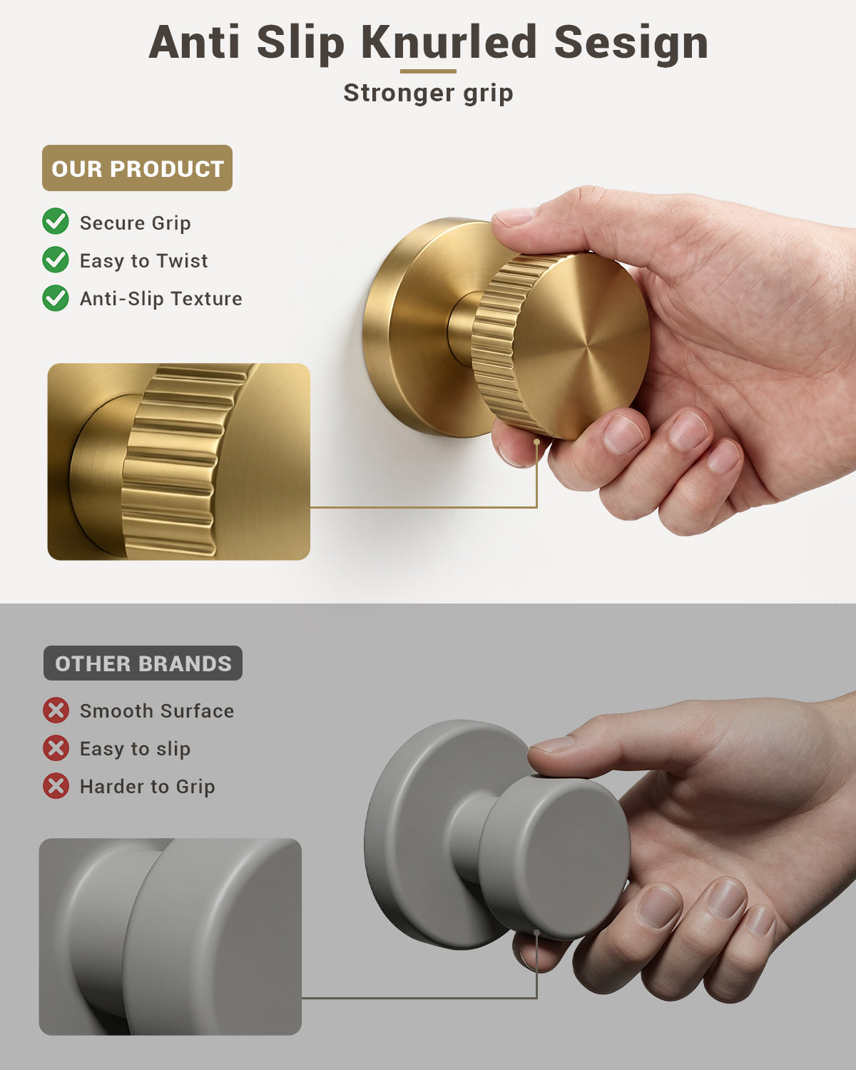 KNOBWELL 1 Pack Satin Brass Door Knobs Interior, Passage Brass Door Handle for Closet Hallway Keyless, Reversible Modern Design Levers Closet Knobs, Anti-Slip Threaded Grip, 250000 Cycles