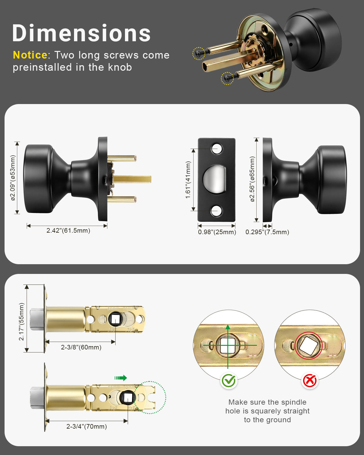 KNOBWELL 1 Pack Gold Door Knobs Interior, Privacy Door Knob for Bedroom or Bathroom, Heavy Duty Zinc-Alloy Privacy Door Knob, Gold Interior Door Knobs with Emergency Unlock
