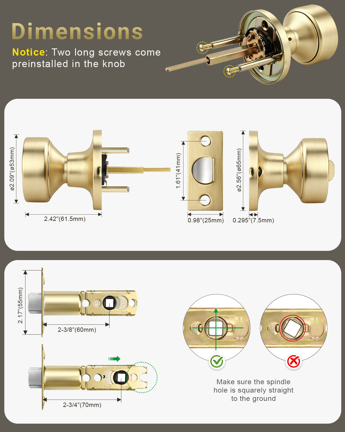 KNOBWELL 1 Pack Gold Door Knobs Interior, Privacy Door Knob for Bedroom or Bathroom, Heavy Duty Zinc-Alloy Privacy Door Knob, Gold Interior Door Knobs with Emergency Unlock