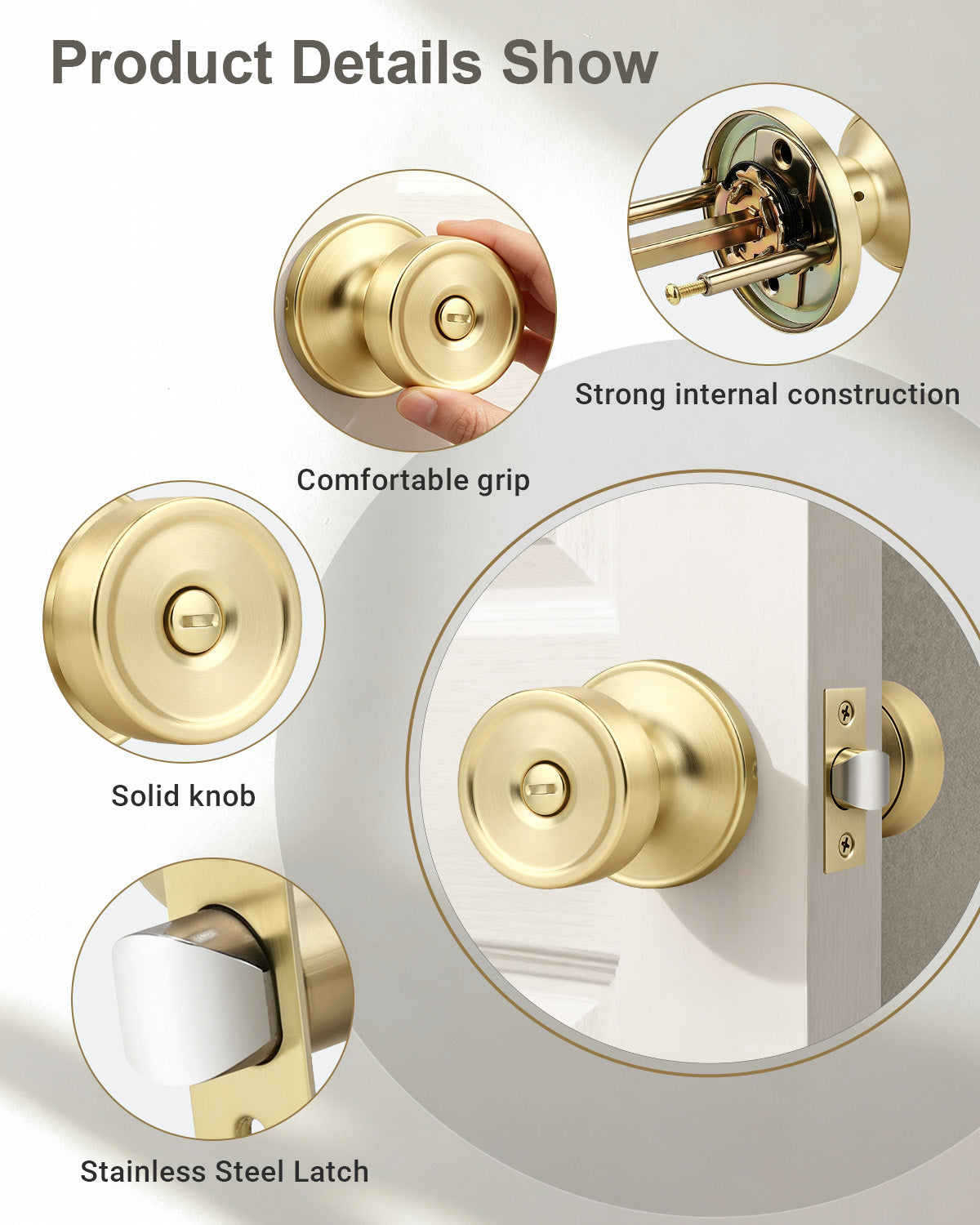 KNOBWELL 1 Pack Gold Door Knobs Interior, Privacy Door Knob for Bedroom or Bathroom, Heavy Duty Zinc-Alloy Privacy Door Knob, Gold Interior Door Knobs with Emergency Unlock