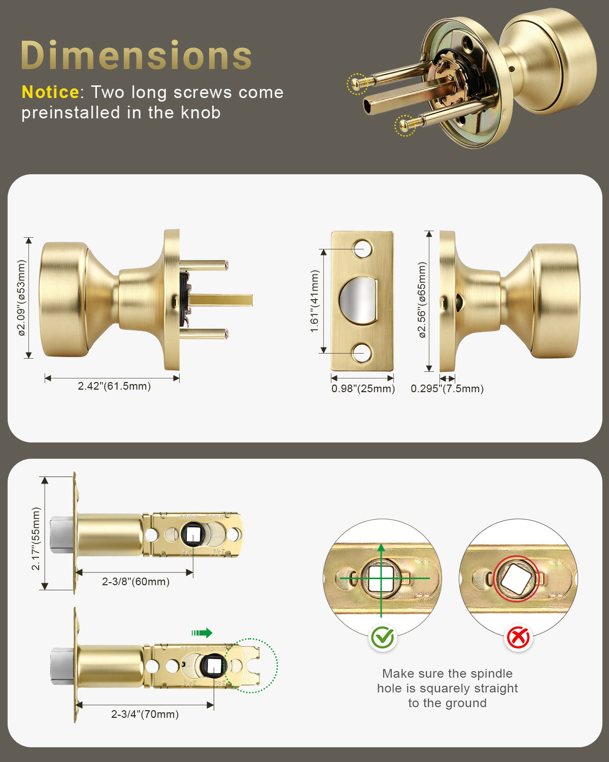 KNOBWELL 1 Pack Gold Door Knobs Interior, Privacy Door Knob for Bedroom or Bathroom, Heavy Duty Zinc-Alloy Privacy Door Knob, Gold Interior Door Knobs with Emergency Unlock