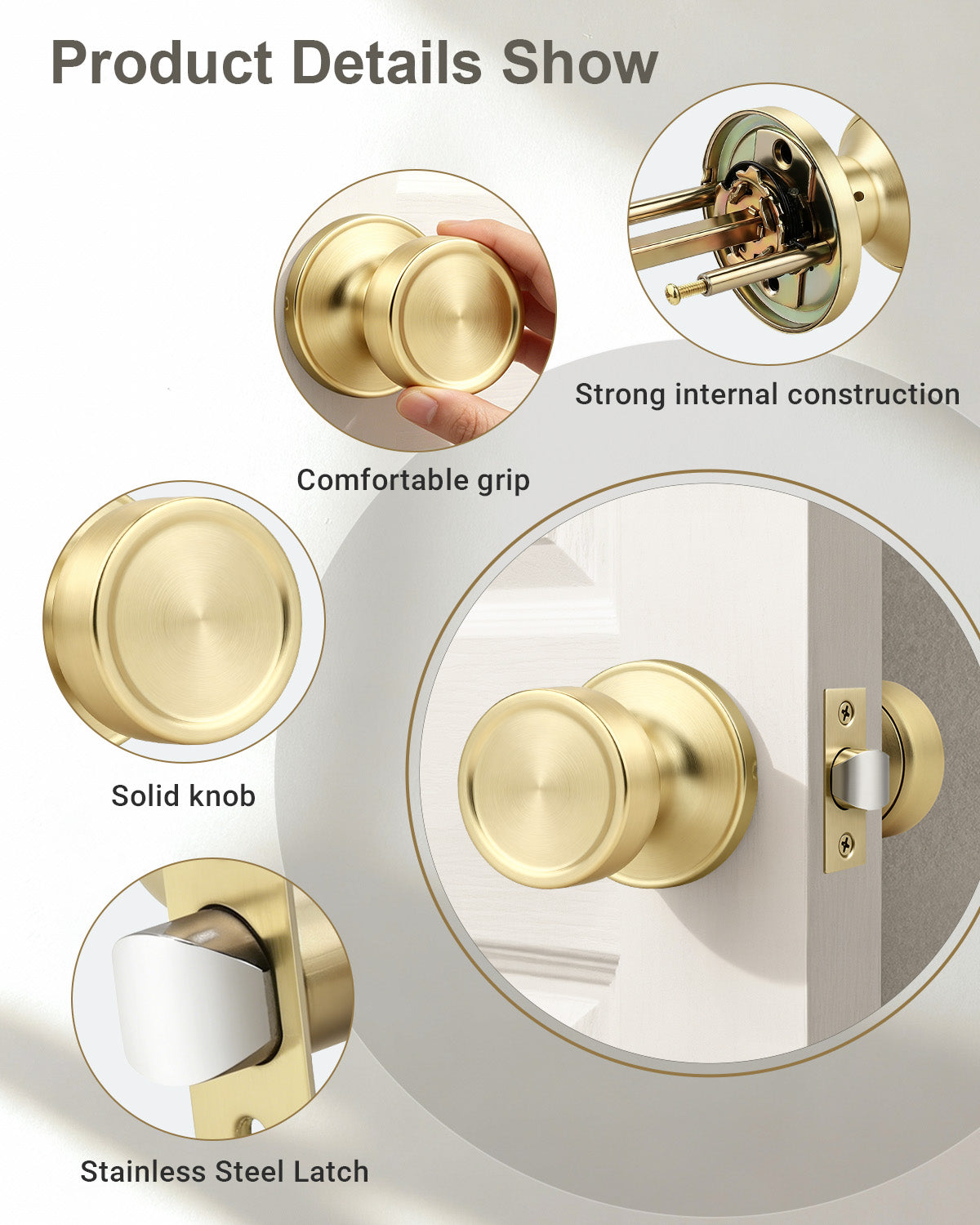 KNOBWELL 1 Pack Gold Door Knobs Interior, Privacy Door Knob for Bedroom or Bathroom, Heavy Duty Zinc-Alloy Privacy Door Knob, Gold Interior Door Knobs with Emergency Unlock