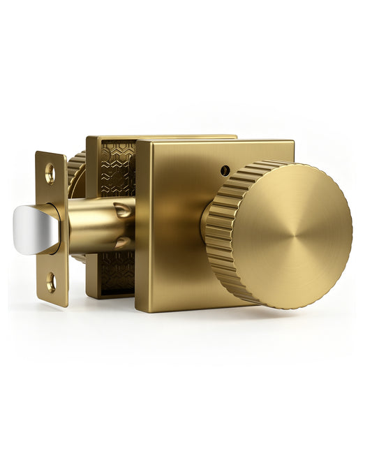 KNOBWELL Satin Brass Door Knobs, 1 Pack Door Handle No Lock for Hallway Closet, Keyless Passage Knobs for Interior Room, Anti-Slip Threaded Grip, 250000 Cycles, Square Modern Closet Doorknob
