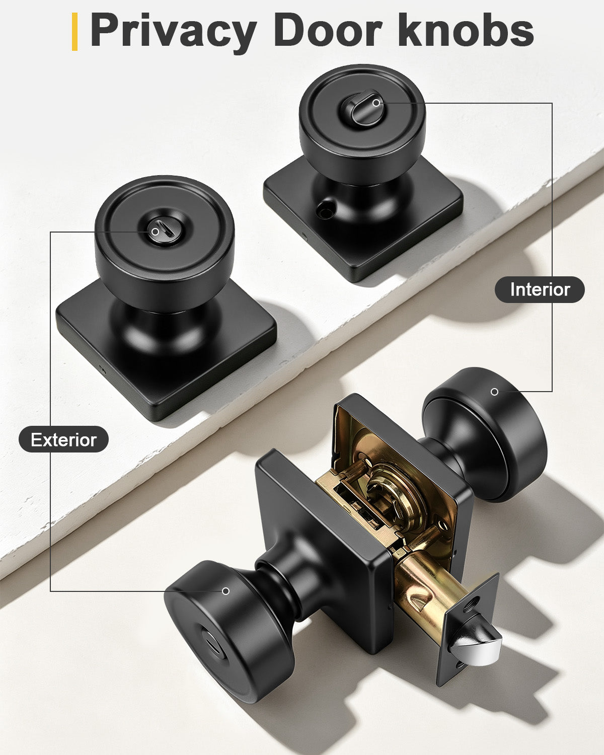KNOBWELL 1 Pack Gold Door Knobs Interior, Privacy Door Knob for Bedroom or Bathroom, Square Shape Heavy Duty Zinc-Alloy Privacy Door Knob, Matte Gold Interior Door Knobs with Emergency Unlock