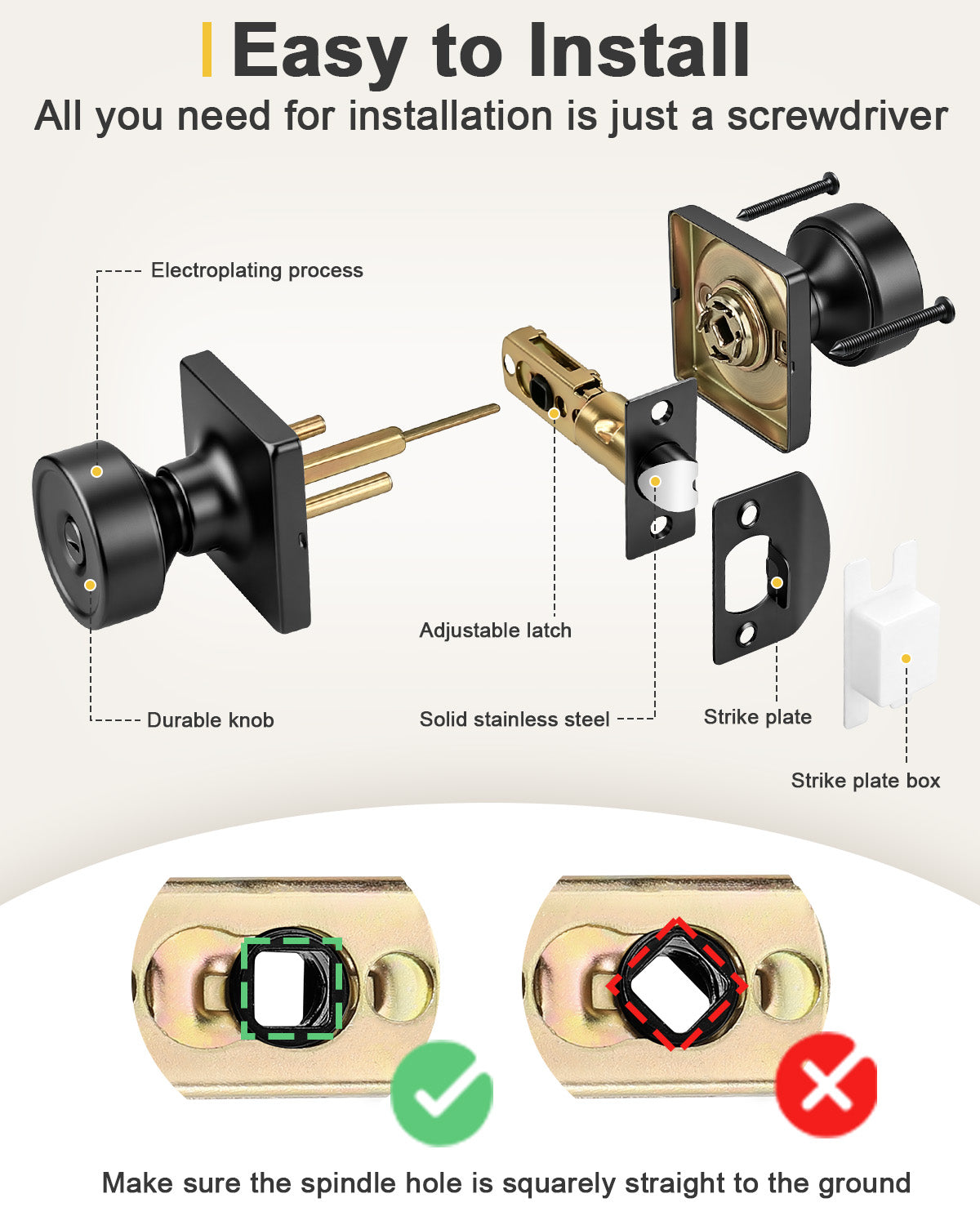 KNOBWELL 1 Pack Gold Door Knobs Interior, Privacy Door Knob for Bedroom or Bathroom, Square Shape Heavy Duty Zinc-Alloy Privacy Door Knob, Matte Gold Interior Door Knobs with Emergency Unlock